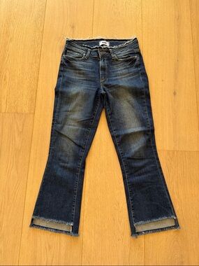 PAIGE Dark Blue Cropped Flare Jeans with Raw Hem